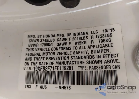 2015 Honda Civic Se from USA, damaged, VIN 19XFB2F71FE119261
